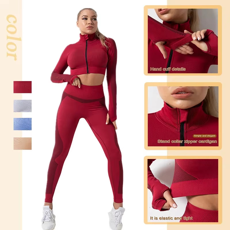 Women Fitness Sport Yoga Suit Seamless Women Yoga Sets Long Sleeve Yoga Clothing Female Sport Gym Suits Wear Running Clothes