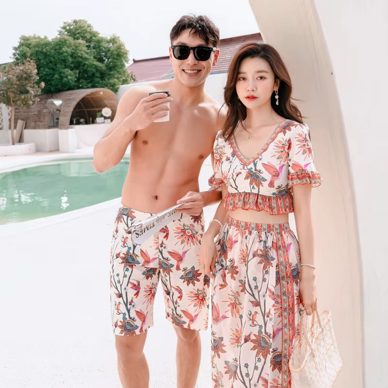 Ruffle Short Sleeve Swinsuit Print Push up Swimwear Bikini 3Set Women Men'S Swim Shorts Summer Surfing Suit Couples Bathsuit