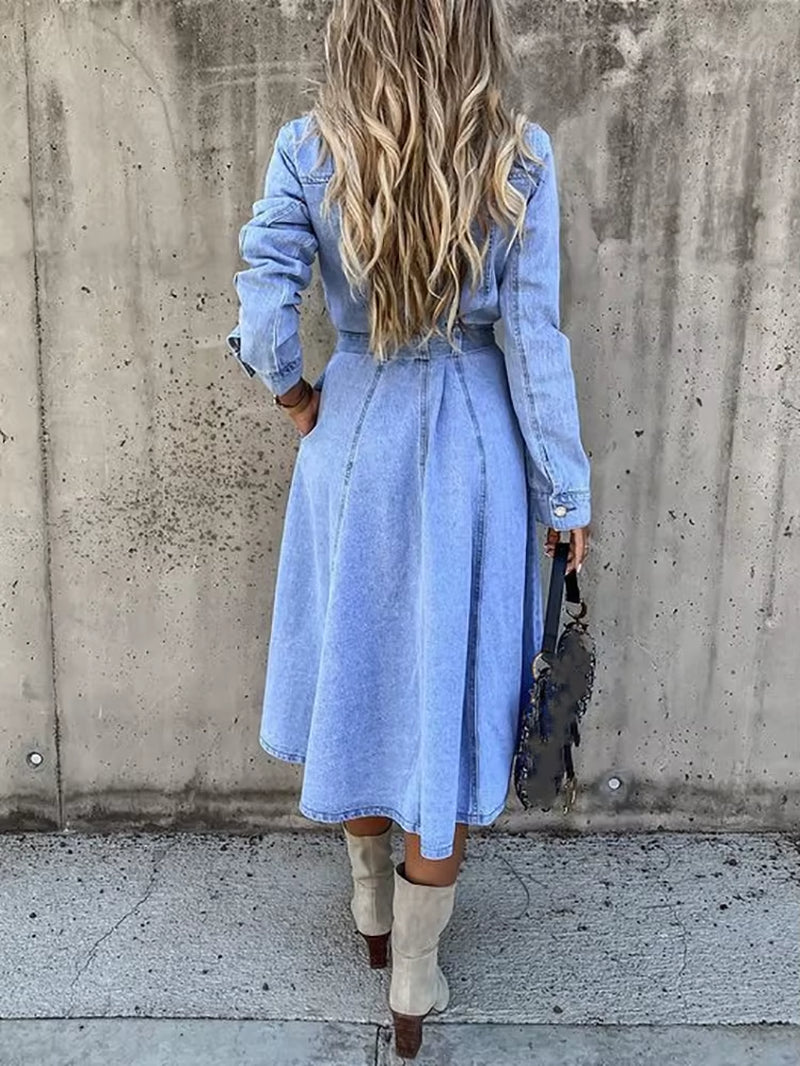 Vintage Denim Mini Dress Women Long Sleeve Turn down Collar Button Tied Pencil Dress Female Spring Summer Slim Fit Jeans Dresses