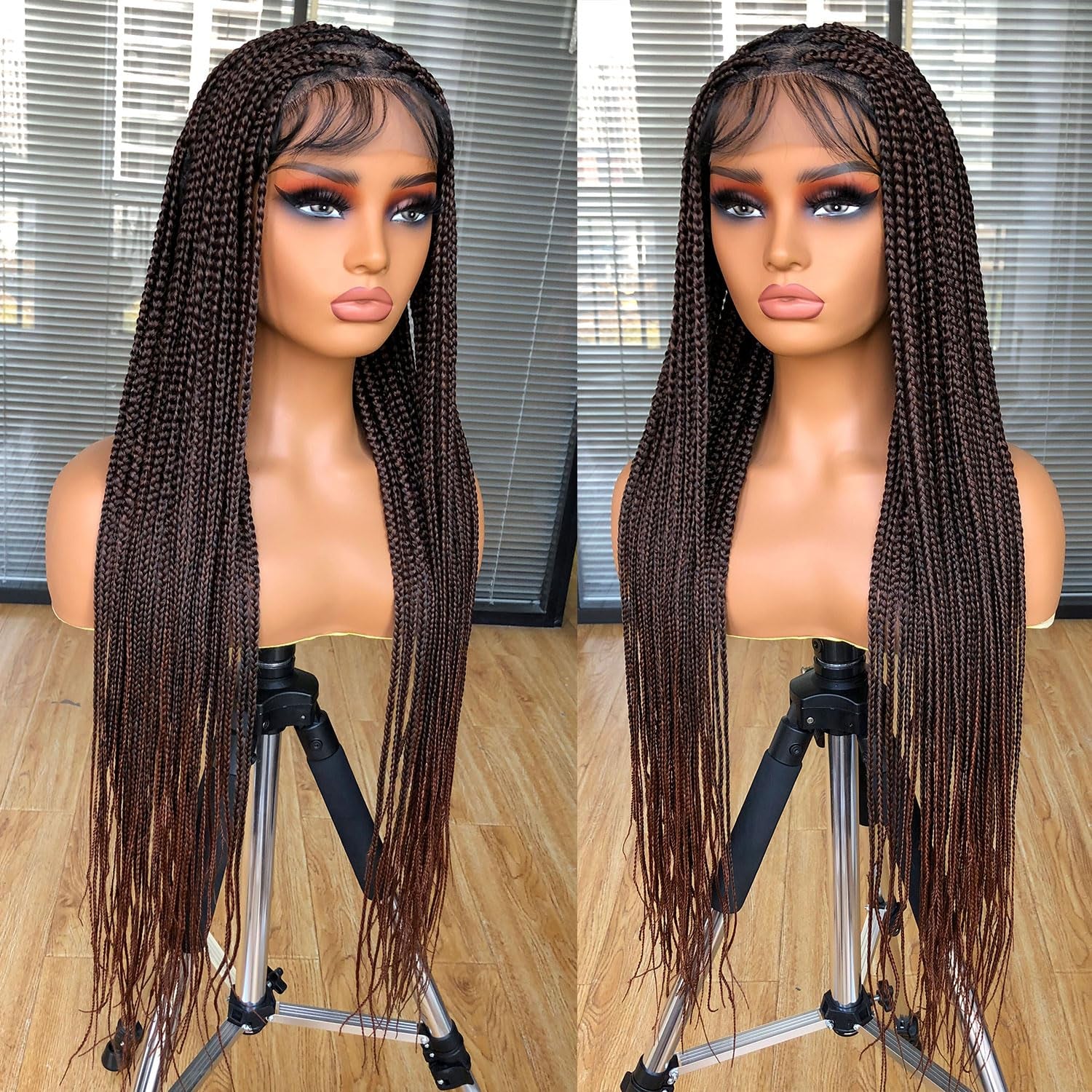 Runm 36" Full Double Lace Front Box Braided Wigs for Black Women Braids Lace Frontal Wig Synthetic Black Hand Braided Wigs with Baby Hair for Women(Ombre Brown)