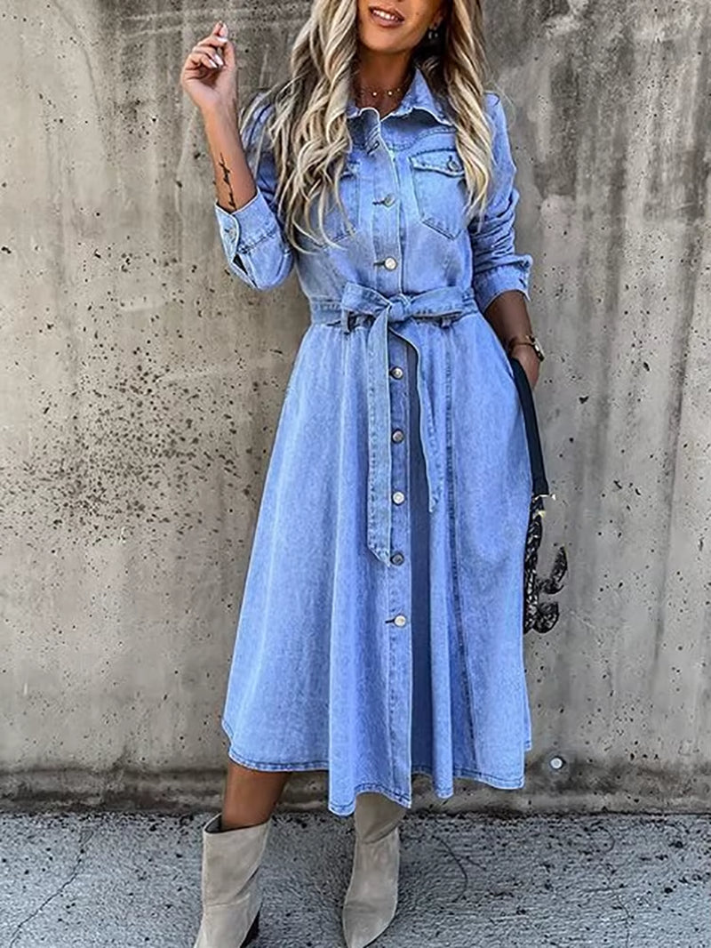 Vintage Denim Mini Dress Women Long Sleeve Turn down Collar Button Tied Pencil Dress Female Spring Summer Slim Fit Jeans Dresses