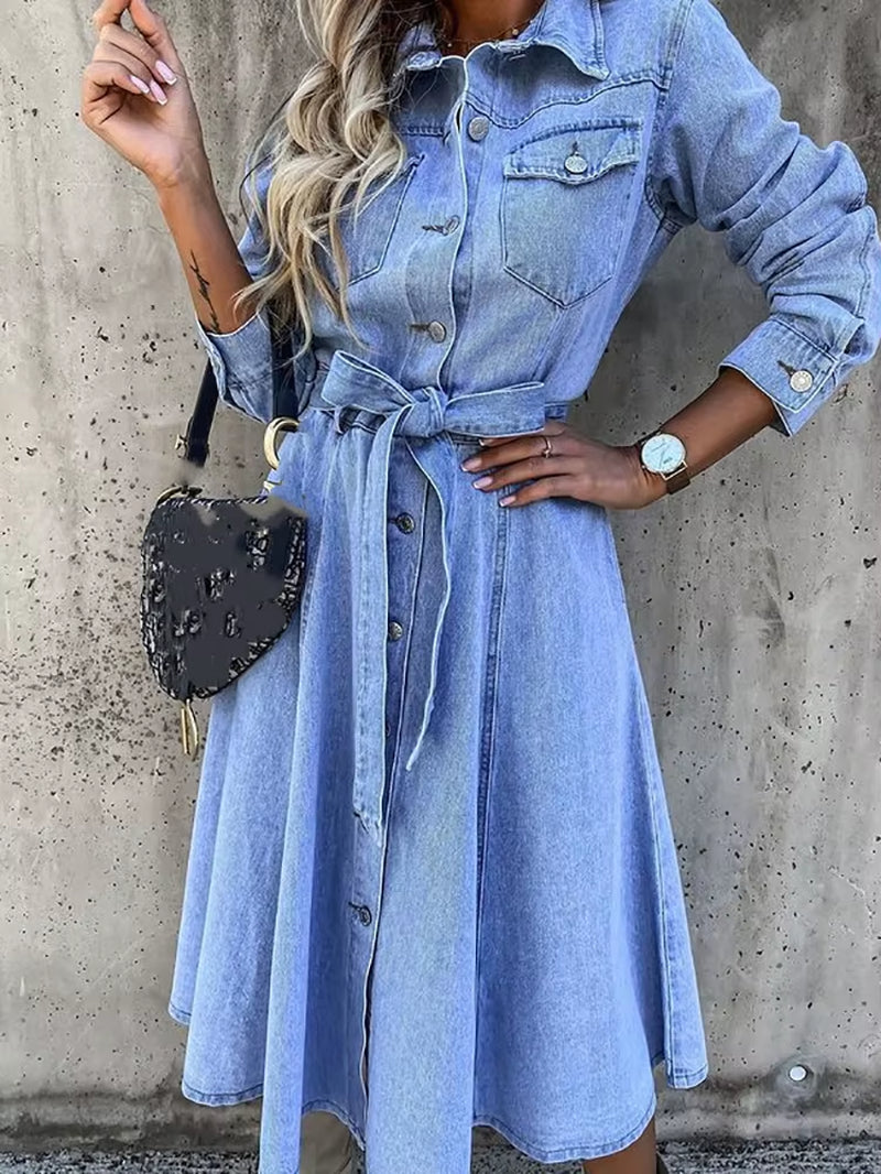 Vintage Denim Mini Dress Women Long Sleeve Turn down Collar Button Tied Pencil Dress Female Spring Summer Slim Fit Jeans Dresses