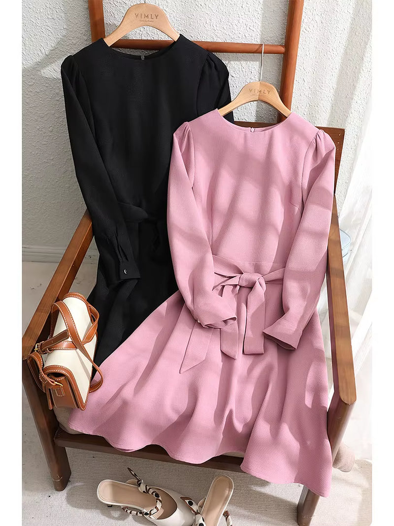 Vintage Pink Mini Dress for Women Spring 2023 New Korean Style Long Sleeve a Line Slim Belt Birthday Dresses Robe V7798