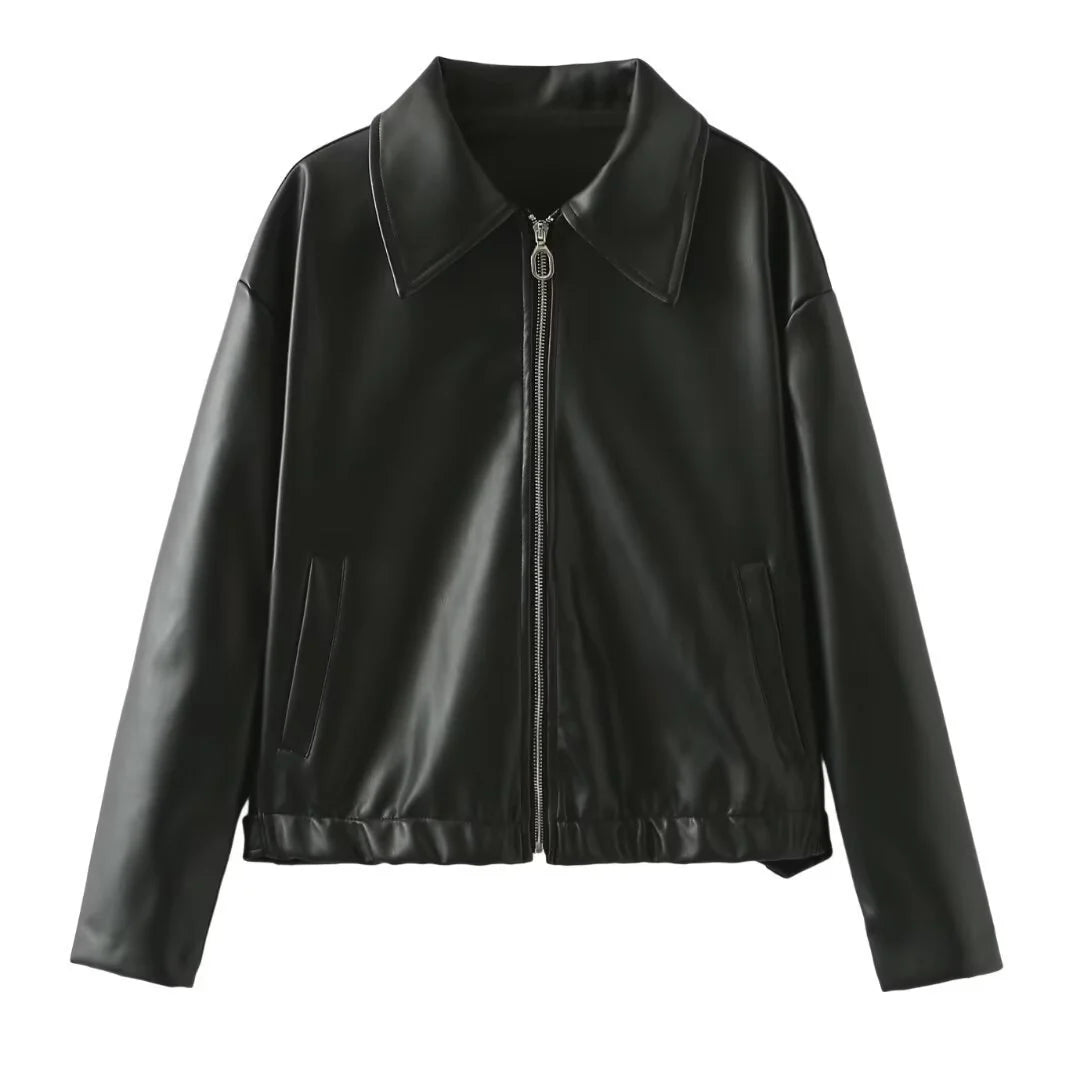 Solid Color Lapel Zipper Jacket Fashion Casual Long Sleeve Leather Coat Tops Women Clothing