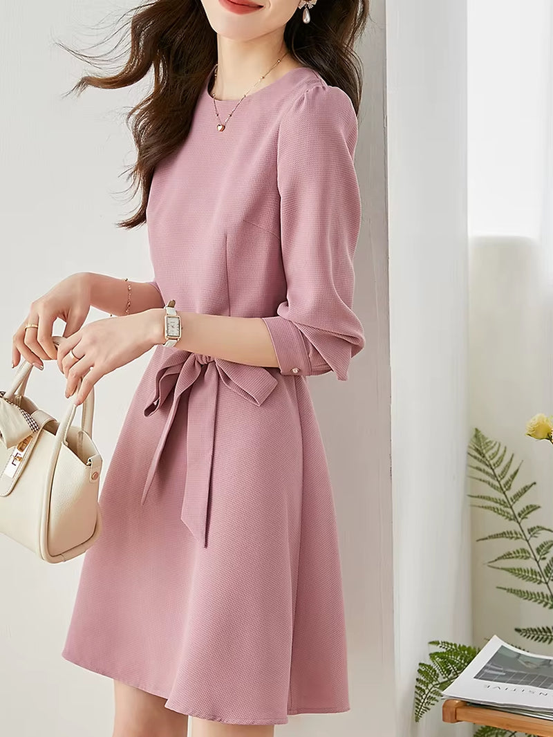 Vintage Pink Mini Dress for Women Spring 2023 New Korean Style Long Sleeve a Line Slim Belt Birthday Dresses Robe V7798