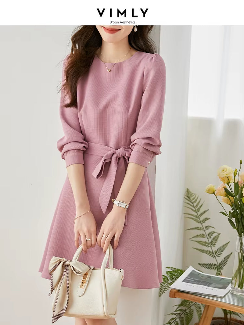 Vintage Pink Mini Dress for Women Spring 2023 New Korean Style Long Sleeve a Line Slim Belt Birthday Dresses Robe V7798