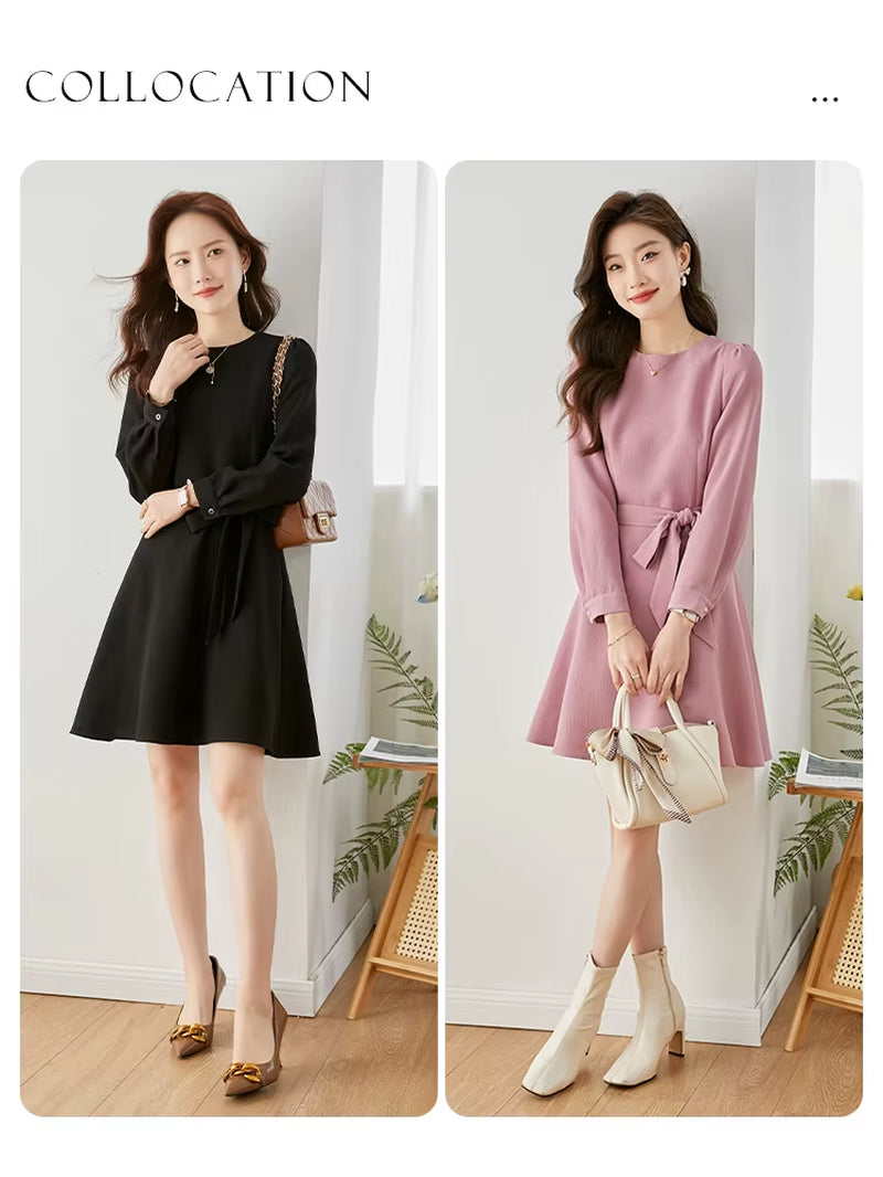 Vintage Pink Mini Dress for Women Spring 2023 New Korean Style Long Sleeve a Line Slim Belt Birthday Dresses Robe V7798