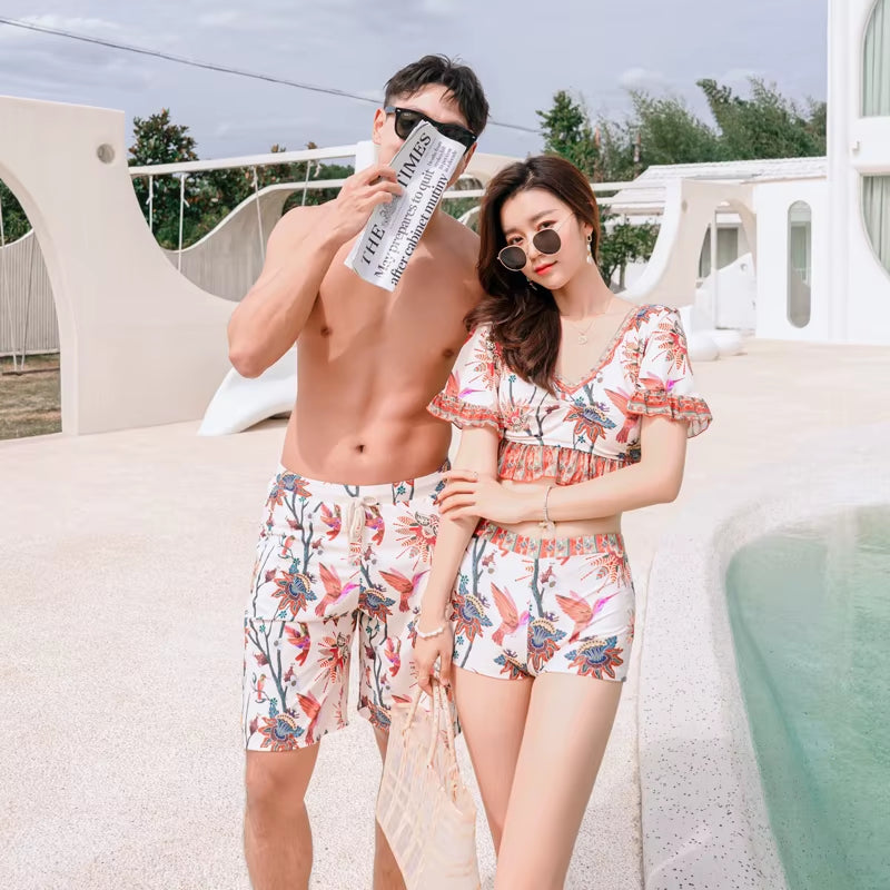 Ruffle Short Sleeve Swinsuit Print Push up Swimwear Bikini 3Set Women Men'S Swim Shorts Summer Surfing Suit Couples Bathsuit